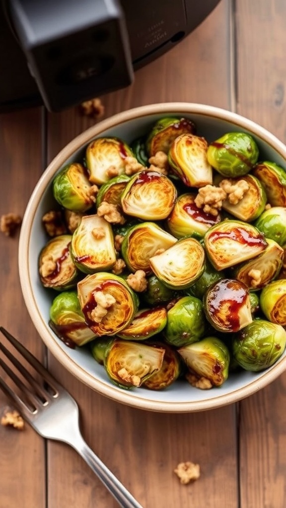 Crispy air fryer Brussels sprouts with balsamic maple glaze and walnuts in a bowl on a wooden table.